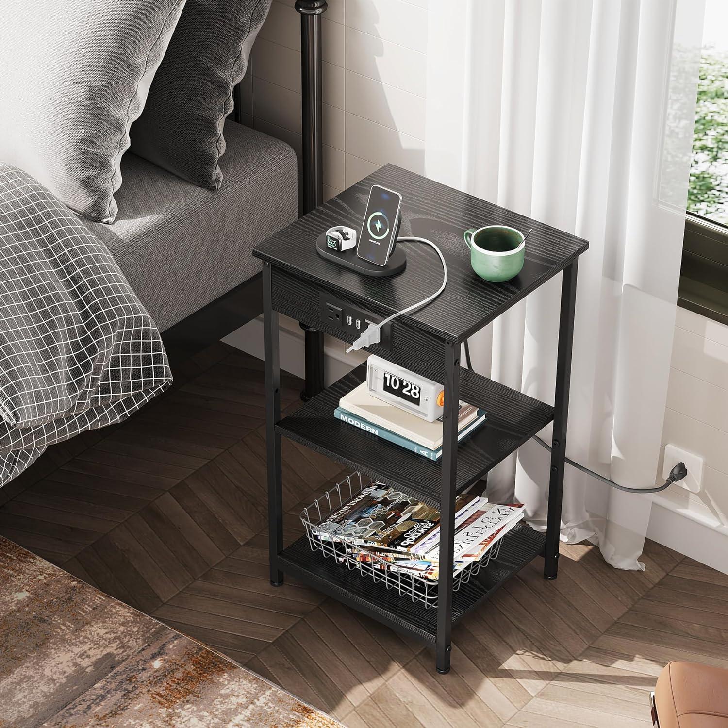 Mesa Lateral WLIVE Negra con Estación de Carga y 3 Estantes