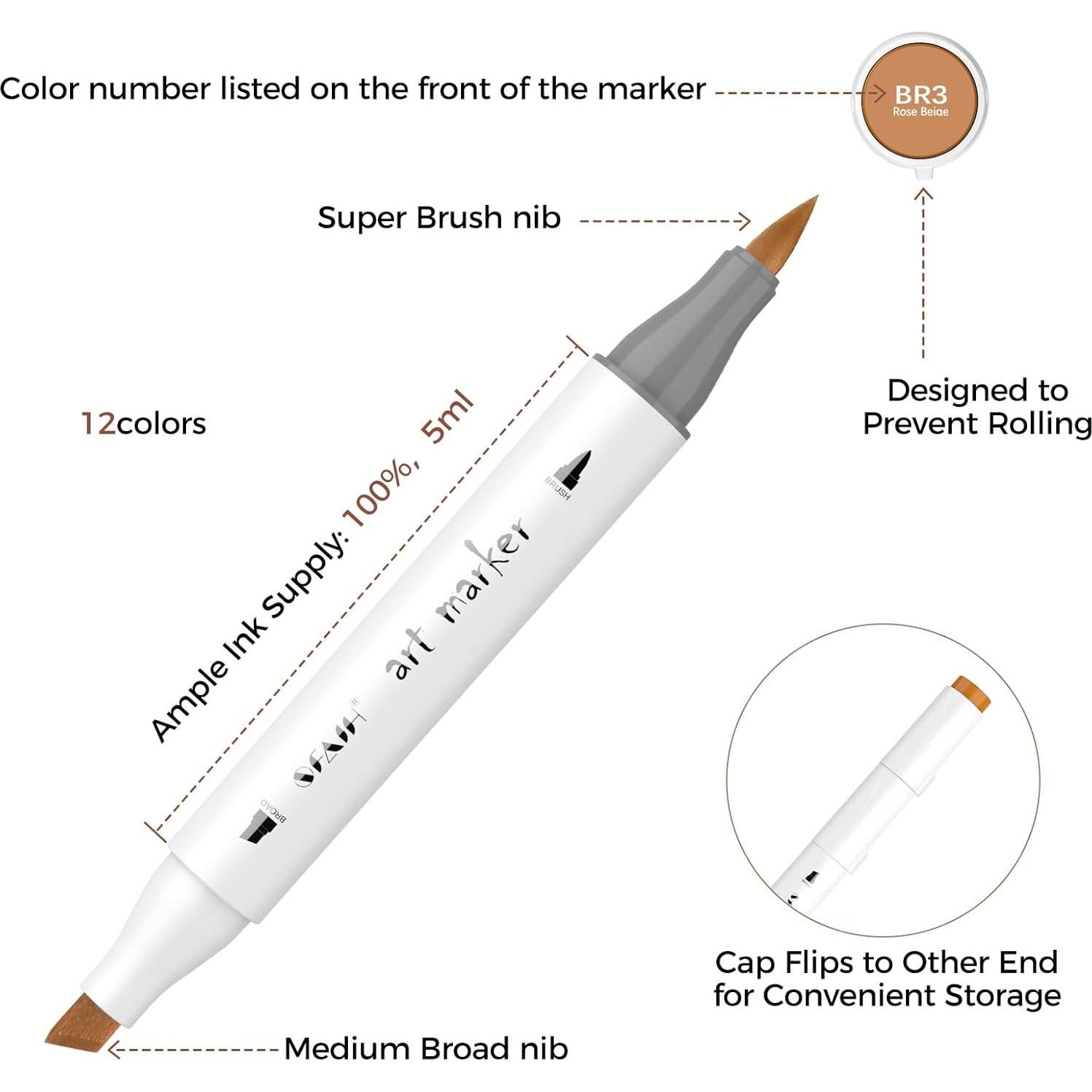 Marcadores de Alcohol SFAIH Tono de Piel Oscura - 12 Colores