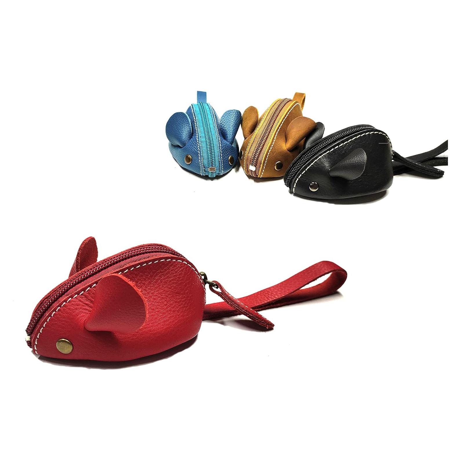 Monedero de Ratón de Cuero Genuino Niaiu Negro 7x11cm