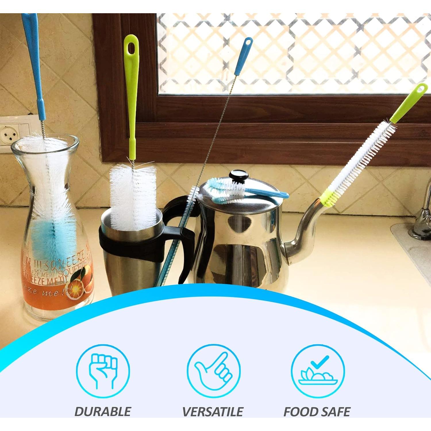 ANDALUS Set of 5 Long Bottle Brush, Straw Cleaner & More - Brushes for Water Bottles, Straws, Lids - for Narrow Neck Bottles - Cleaning Supplies Kit for Glass, Baby Bottles, Canning Supplies