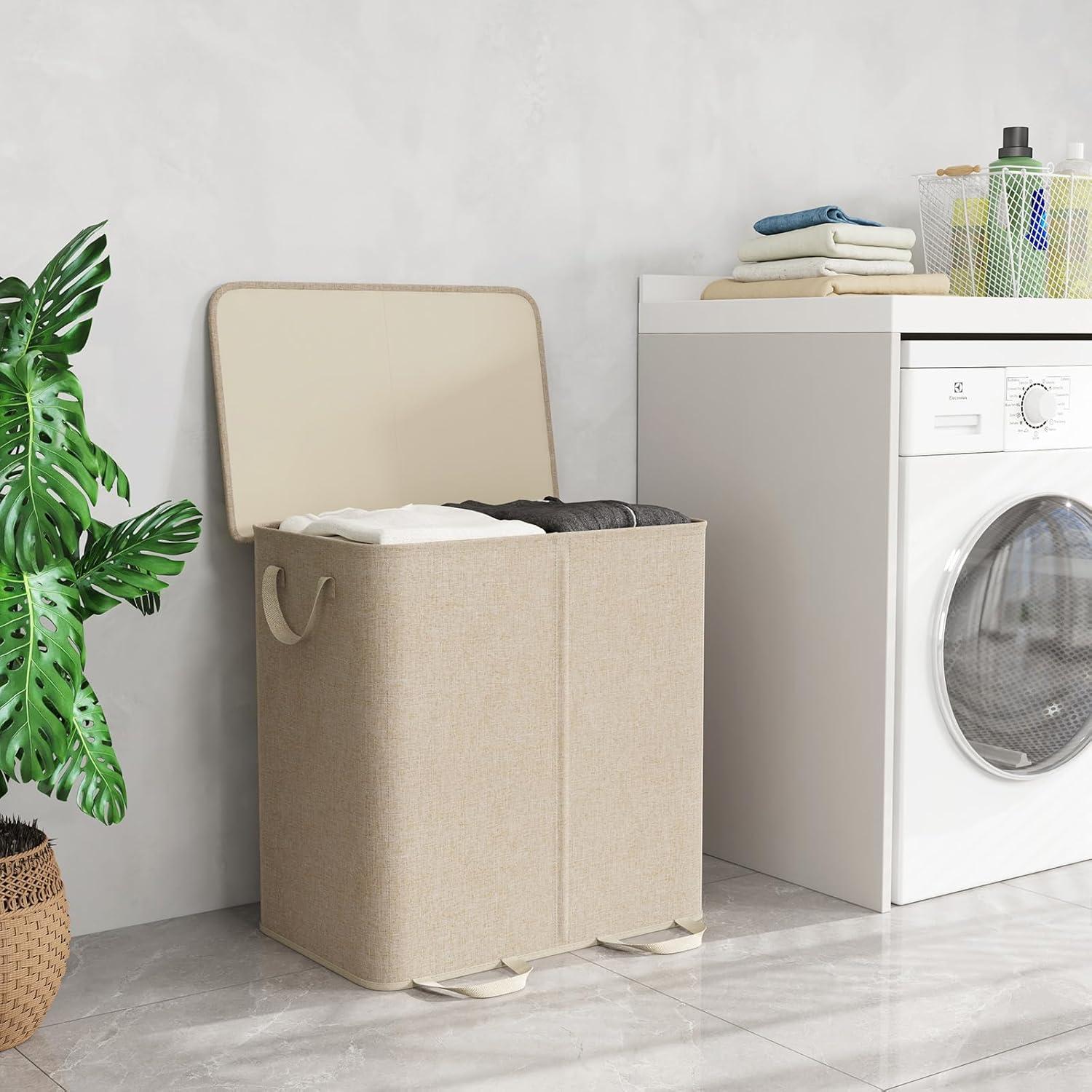 Cesta de Ropa Sucia Doble Lifewit 136L Beige Plegable con Tapa