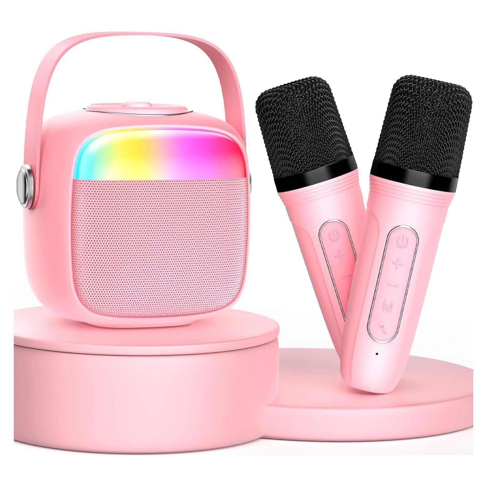 Mini Máquina de Karaoke HWWR Rosa con 2 Micrófonos Inalámbricos