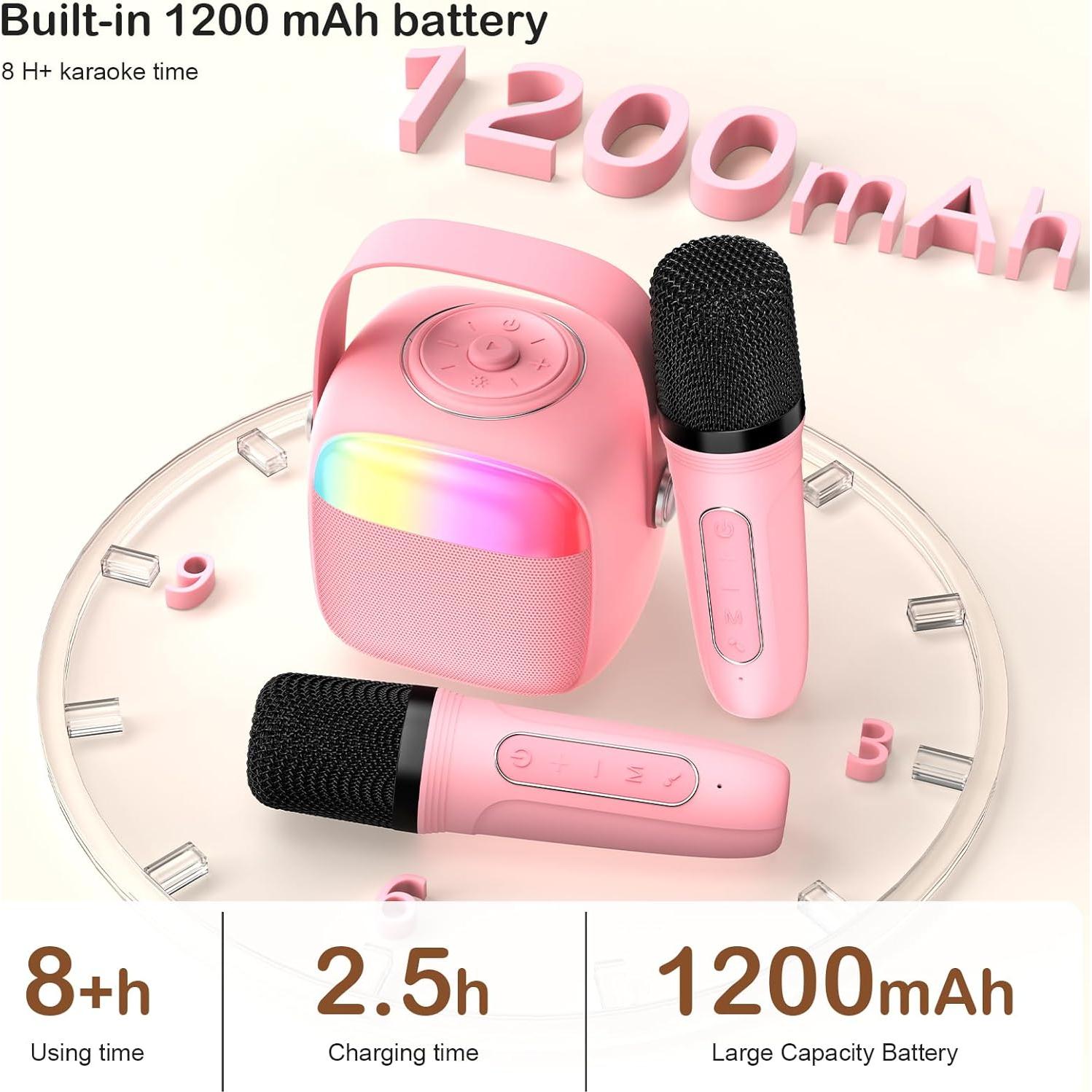 Mini Máquina de Karaoke HWWR Rosa con 2 Micrófonos Inalámbricos