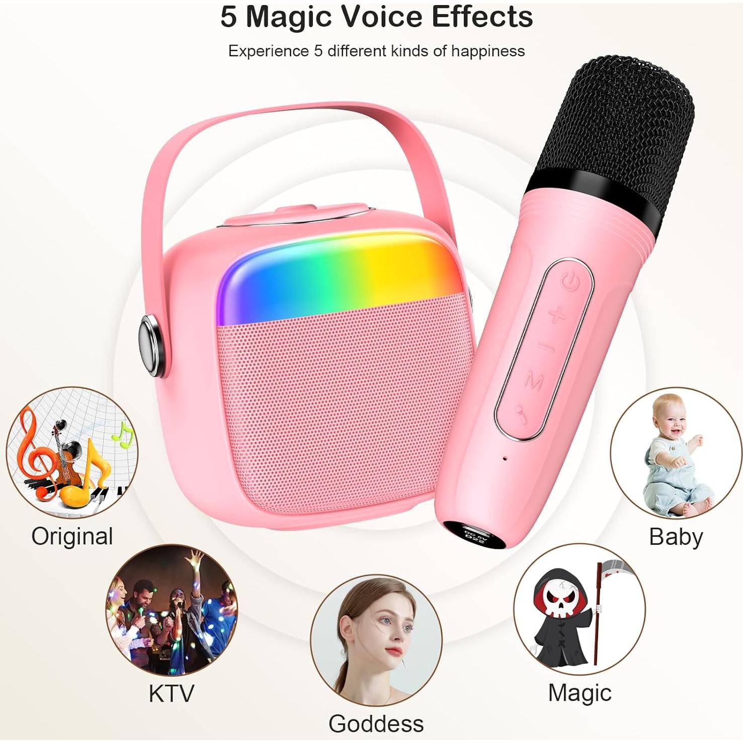 Mini Máquina de Karaoke HWWR Rosa con 2 Micrófonos Inalámbricos