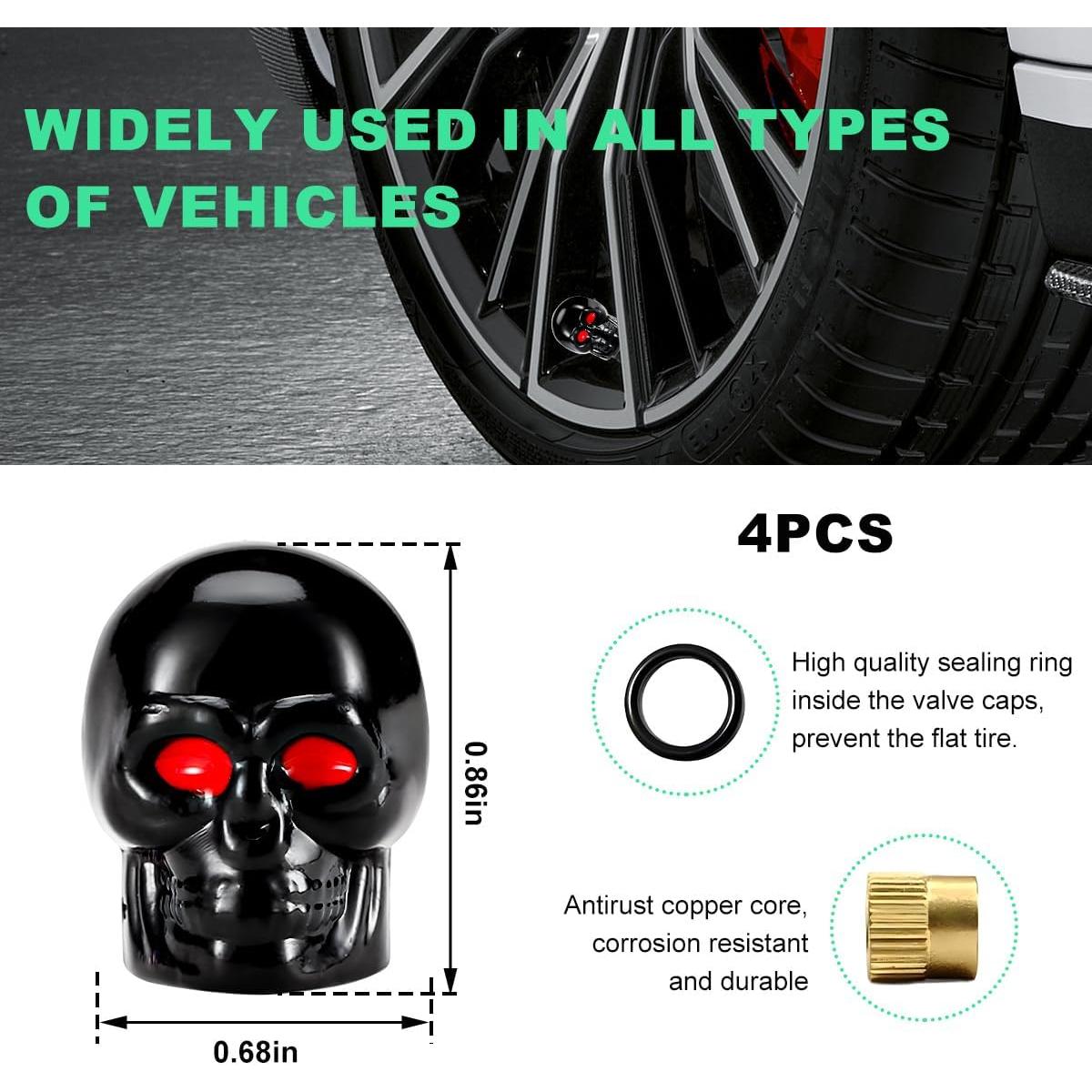 4 Tapas de Válvula de Neumático Gasedin Estilo Calavera Negro