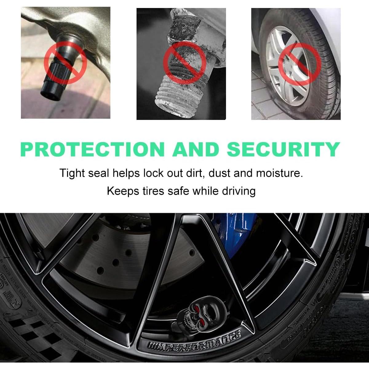 4 Tapas de Válvula de Neumático Gasedin Estilo Calavera Negro