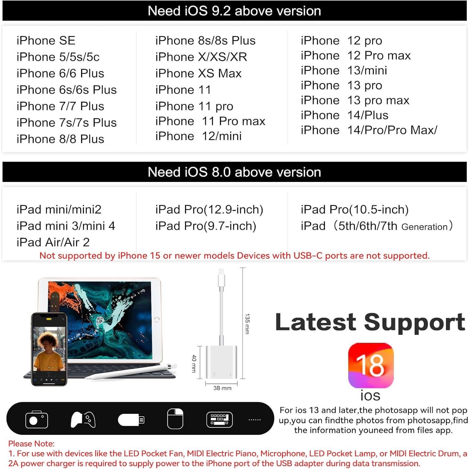 SUNTRSI USB Camera Adapter with Charging Port,Portable USB Female OTG Adapter Suitable for iPhone iPad, Plug and Play Adapter for iPad Support Card Reader