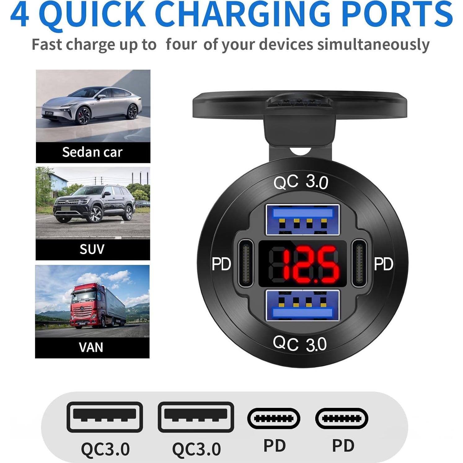 Cargador USB de 12V TIANWIDJEW 4 Puertos Carga Rápida