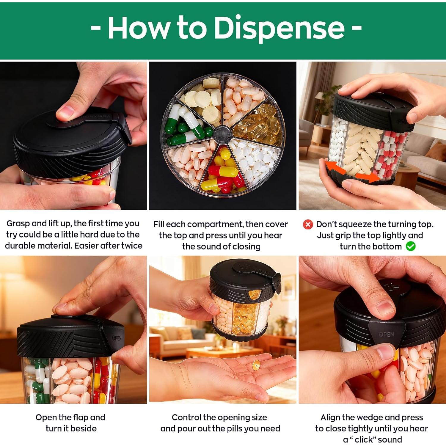 Dispensador de Pastillas Grande HIONXMGA 7 Compartimentos Negro