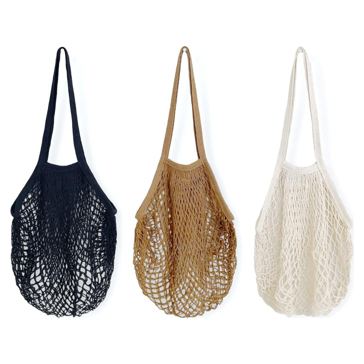 Set de 3 bolsas reutilizables de malla de algodón - Negro, Marrón, Beige