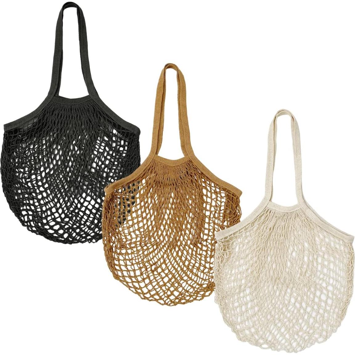 Set de 3 bolsas reutilizables de malla de algodón - Negro, Marrón, Beige