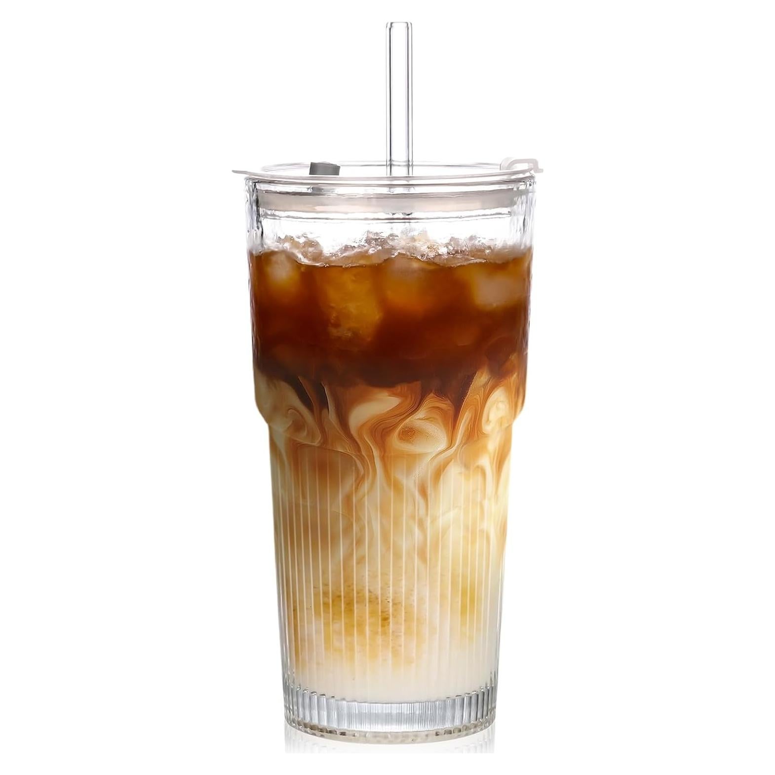 Vasos de vidrio 20oz AUFXKOO con tapa y popote reutilizable