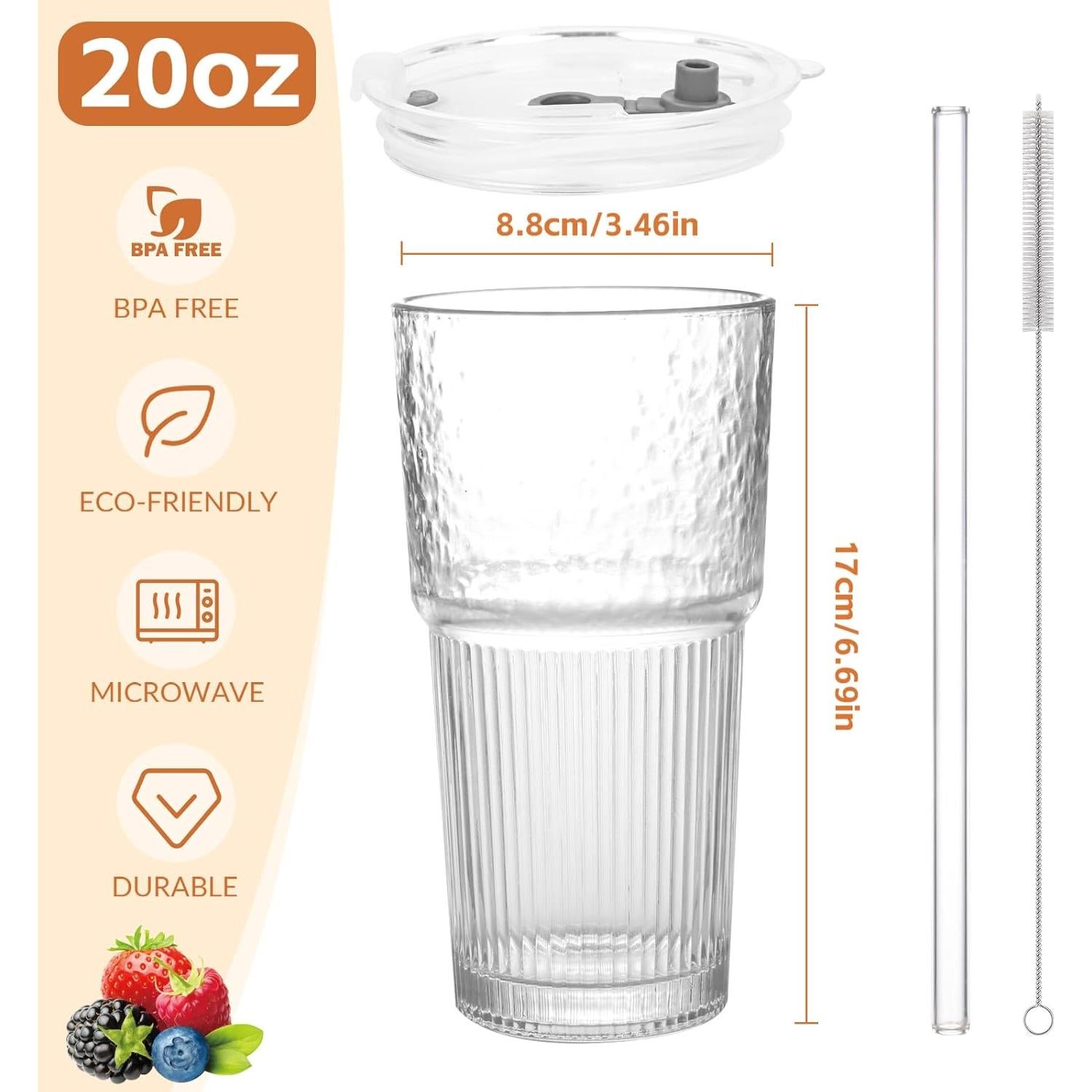 Vasos de vidrio 20oz AUFXKOO con tapa y popote reutilizable