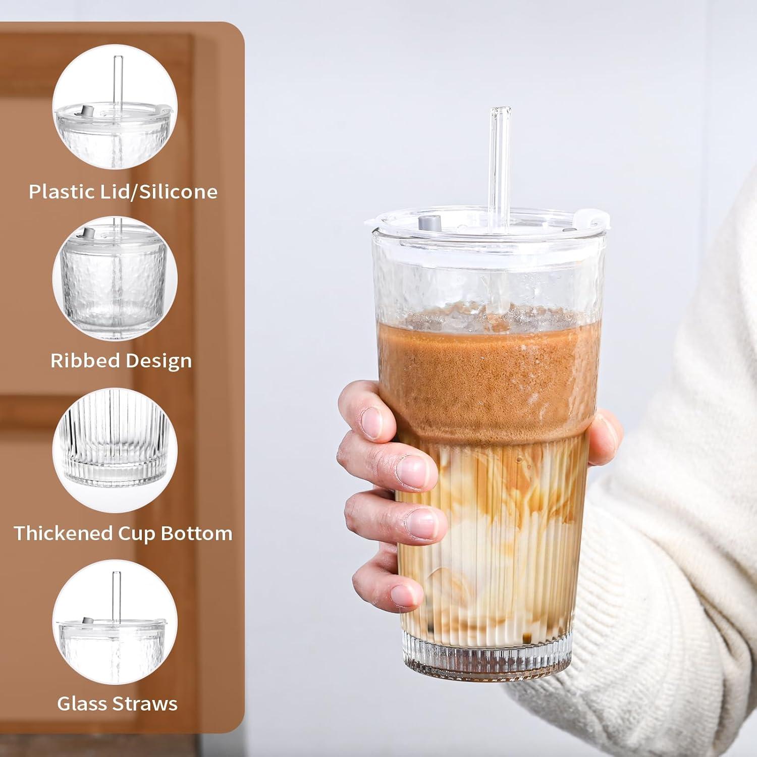 Vasos de vidrio 20oz AUFXKOO con tapa y popote reutilizable