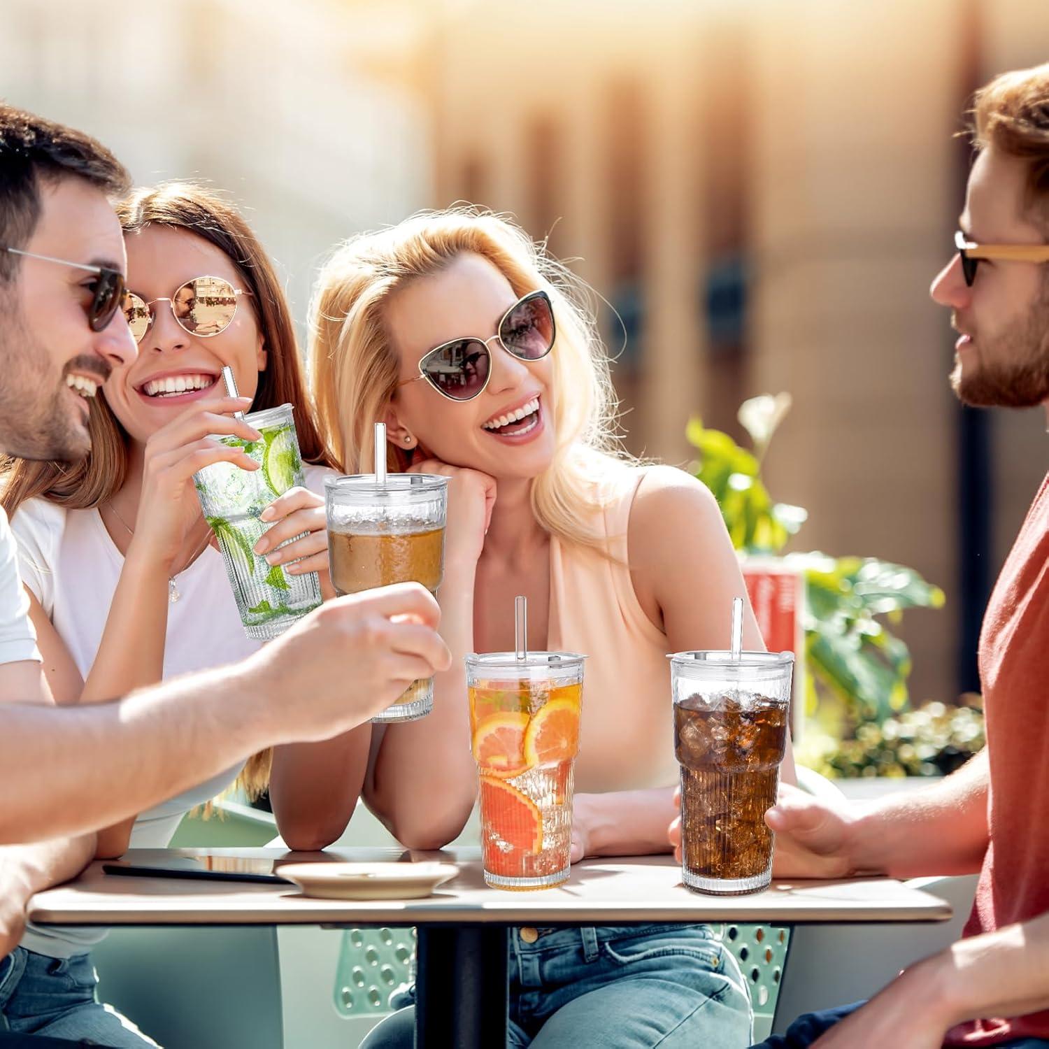 Vasos de vidrio 20oz AUFXKOO con tapa y popote reutilizable