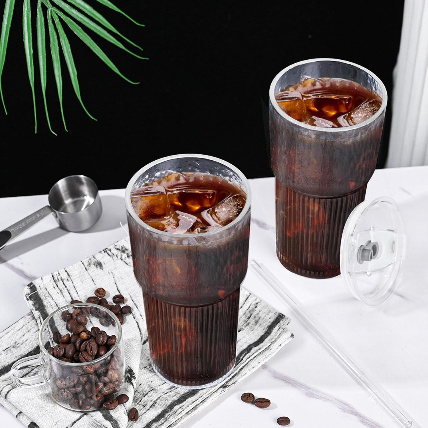 Vasos de vidrio 20oz AUFXKOO con tapa y popote reutilizable