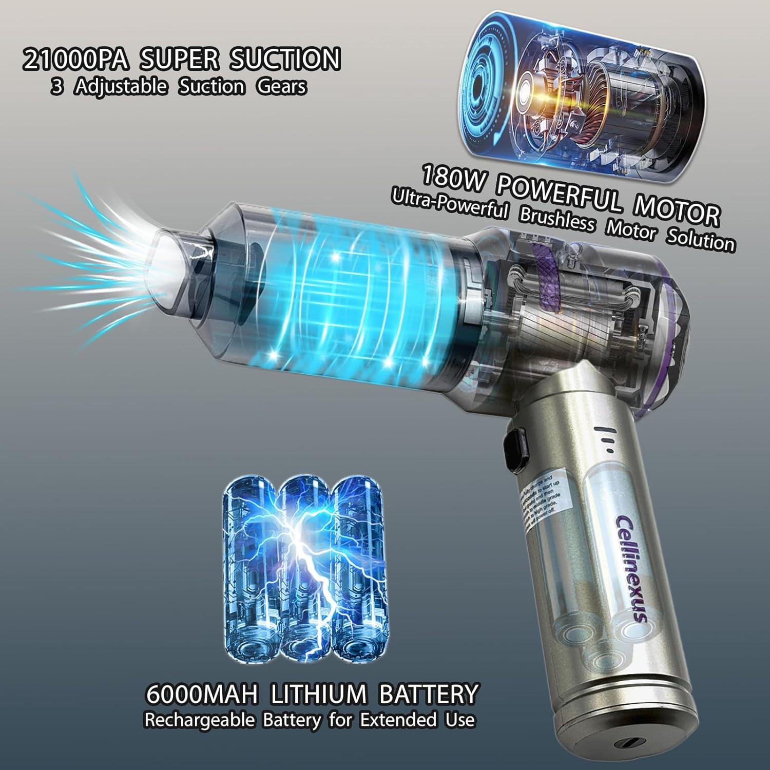 Aspiradora de Coche Cellinexus 180W Sin Cable 4-en-1 21000Pa