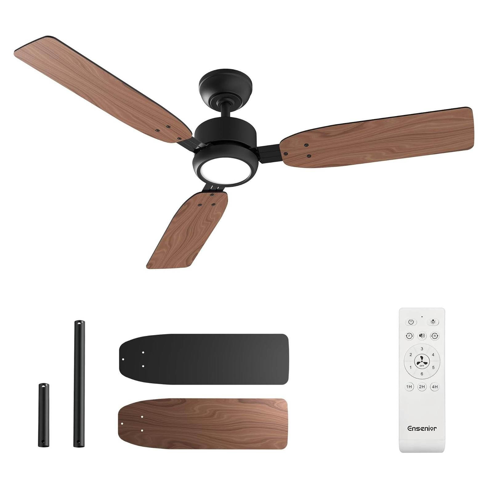 Ventilador de Techo Ensenior 52" Negro con Luz y Control Remoto