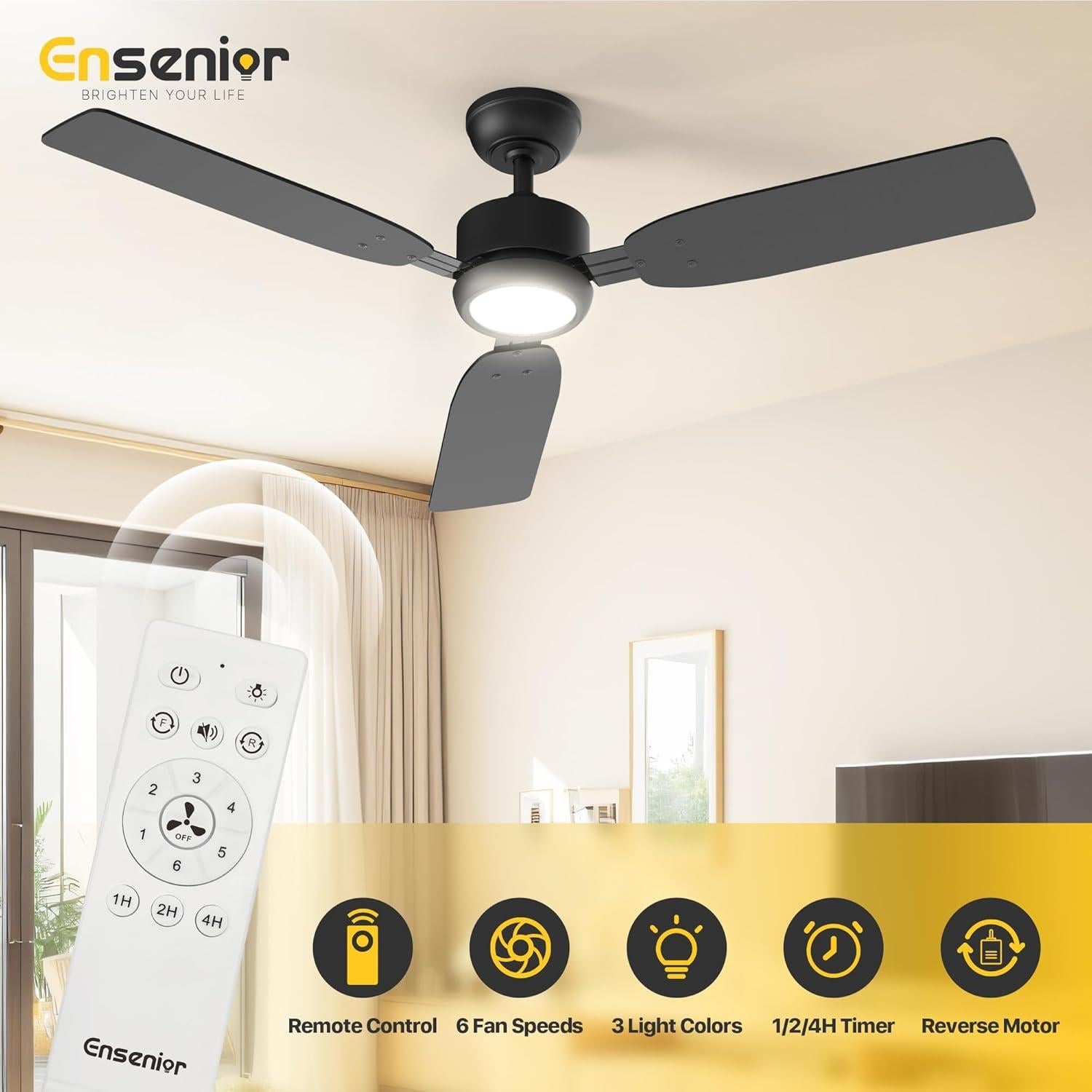 Ventilador de Techo Ensenior 52" Negro con Luz y Control Remoto