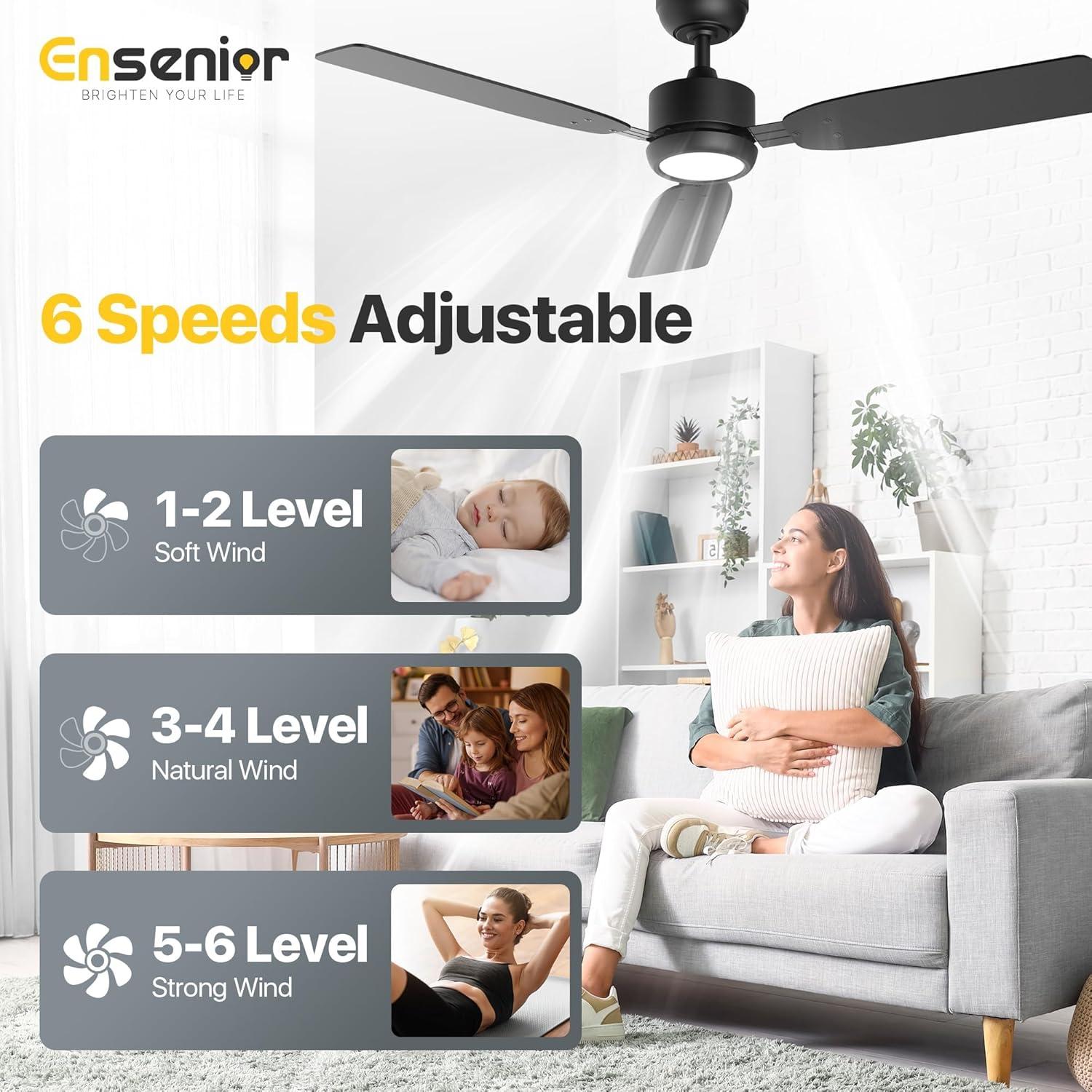 Ventilador de Techo Ensenior 52" Negro con Luz y Control Remoto