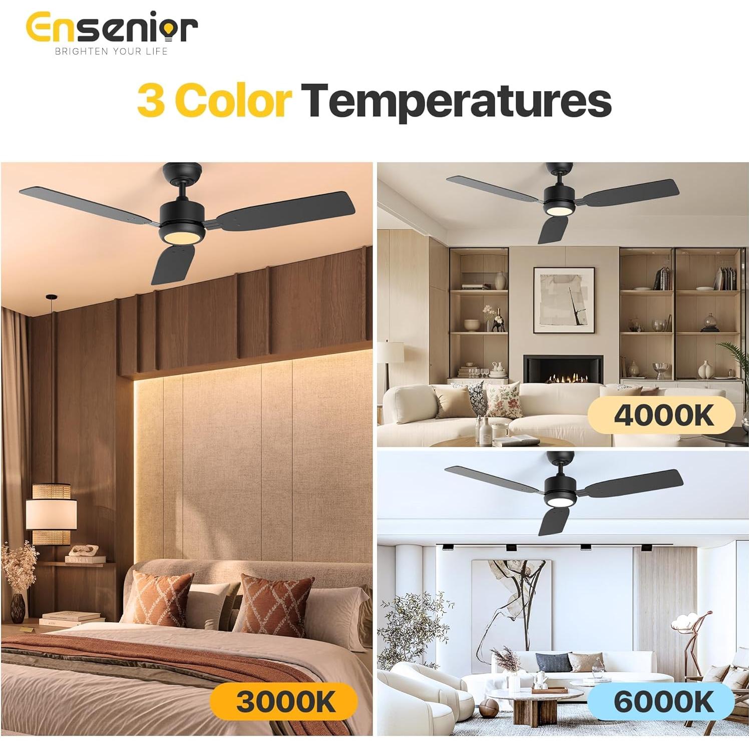 Ventilador de Techo Ensenior 52" Negro con Luz y Control Remoto