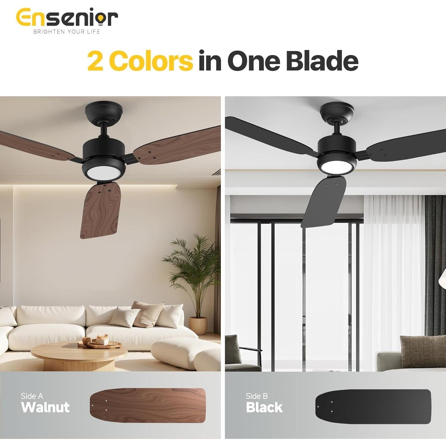 Ventilador de Techo Ensenior 52" Negro con Luz y Control Remoto