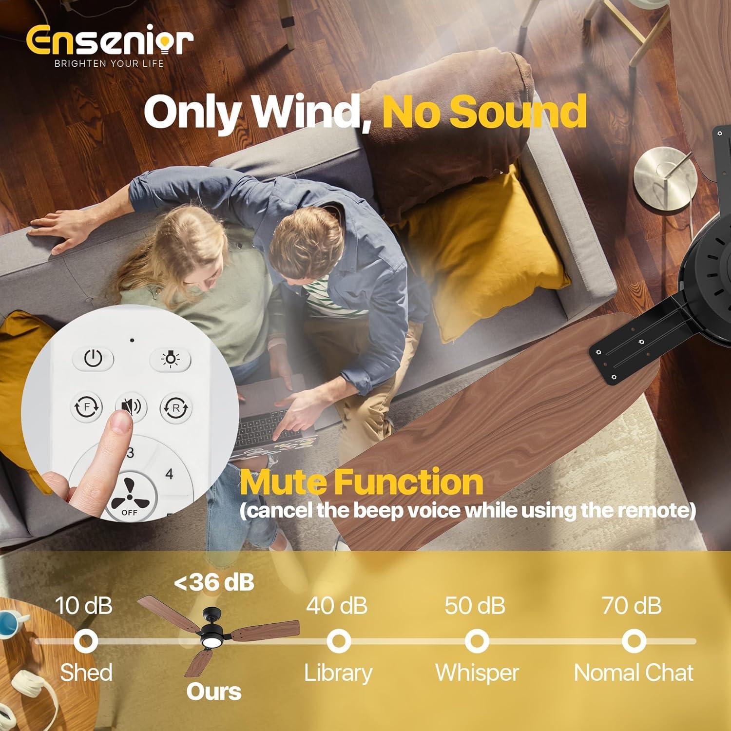 Ventilador de Techo Ensenior 52" Negro con Luz y Control Remoto