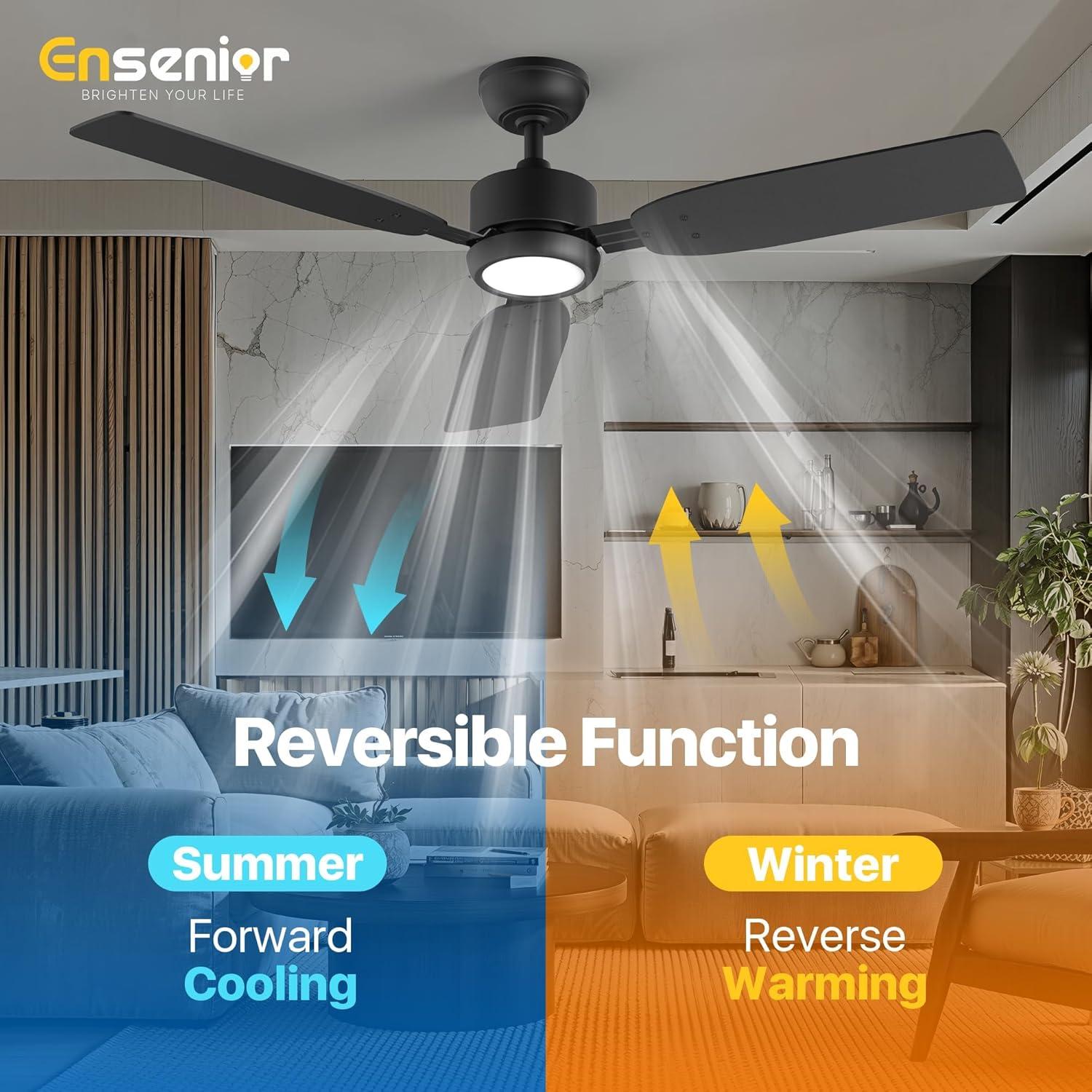 Ventilador de Techo Ensenior 52" Negro con Luz y Control Remoto