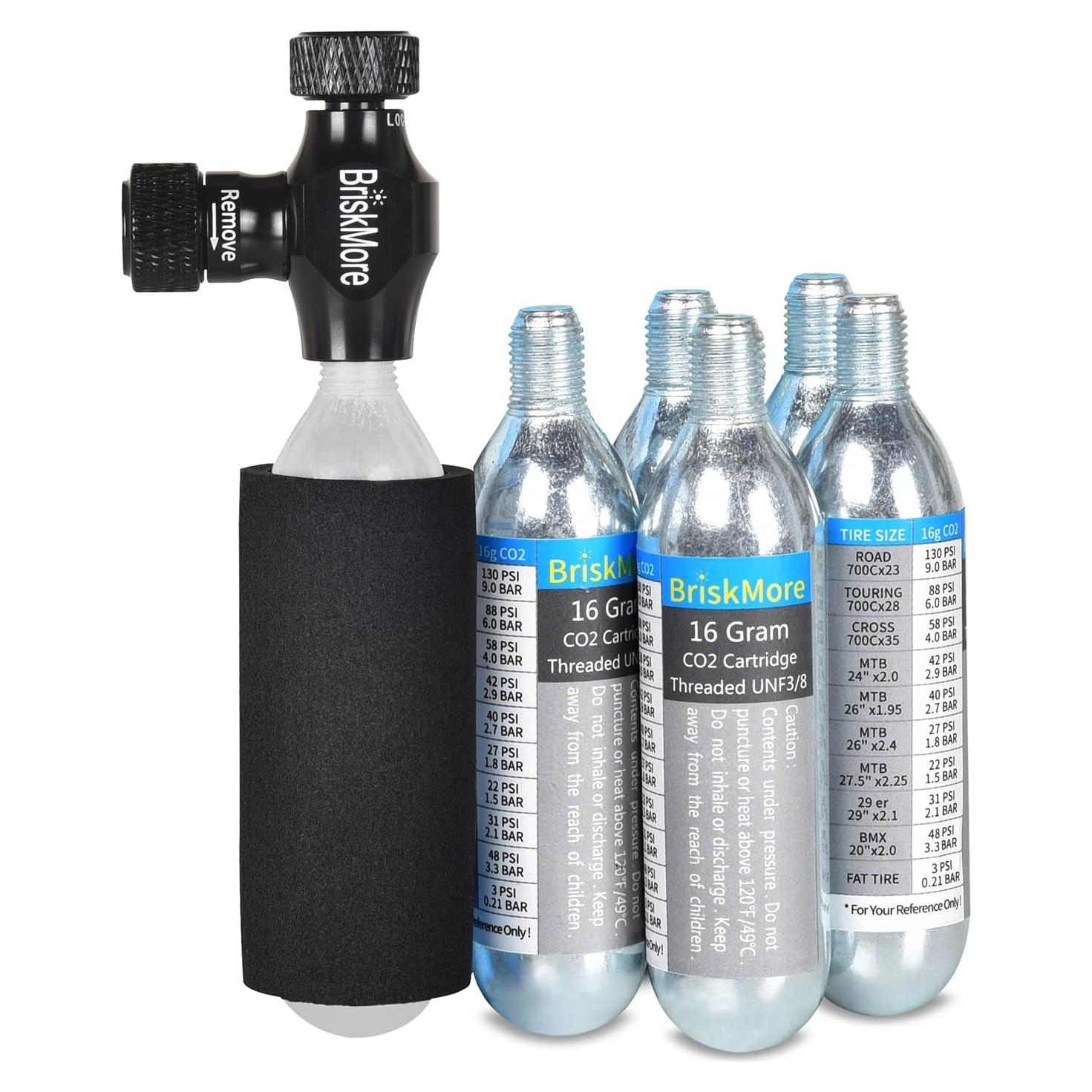 Kit Inflador CO2 BriskMore con 5 Cartuchos de 16g para Bicicleta