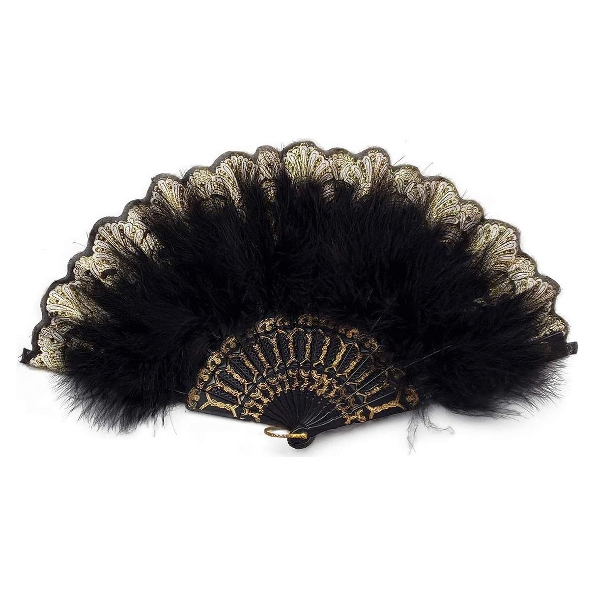 Abanico de Plumas Bordadas Happy Feather Vintage Negro 52x28cm