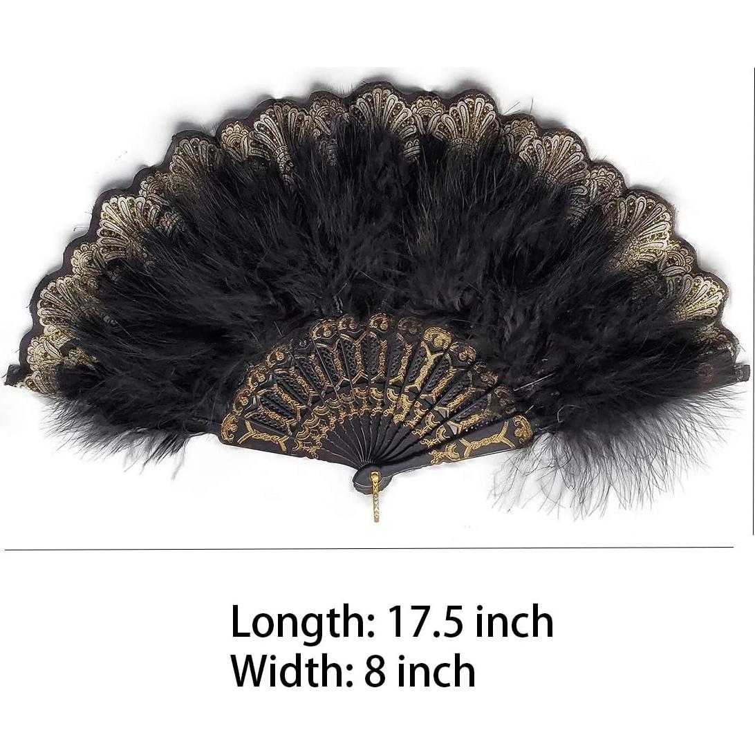 Abanico de Plumas Bordadas Happy Feather Vintage Negro 52x28cm