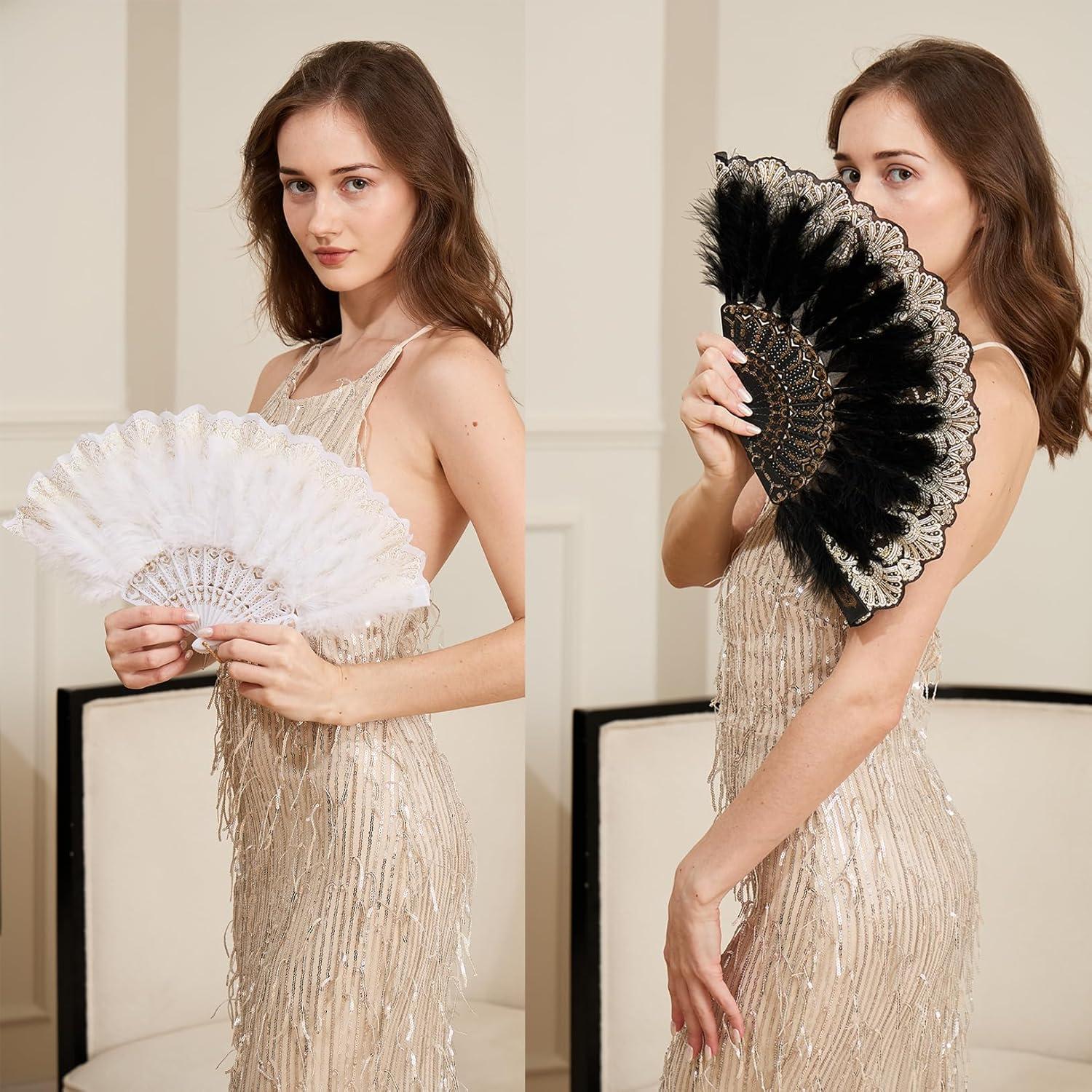 Abanico de Plumas Bordadas Happy Feather Vintage Negro 52x28cm