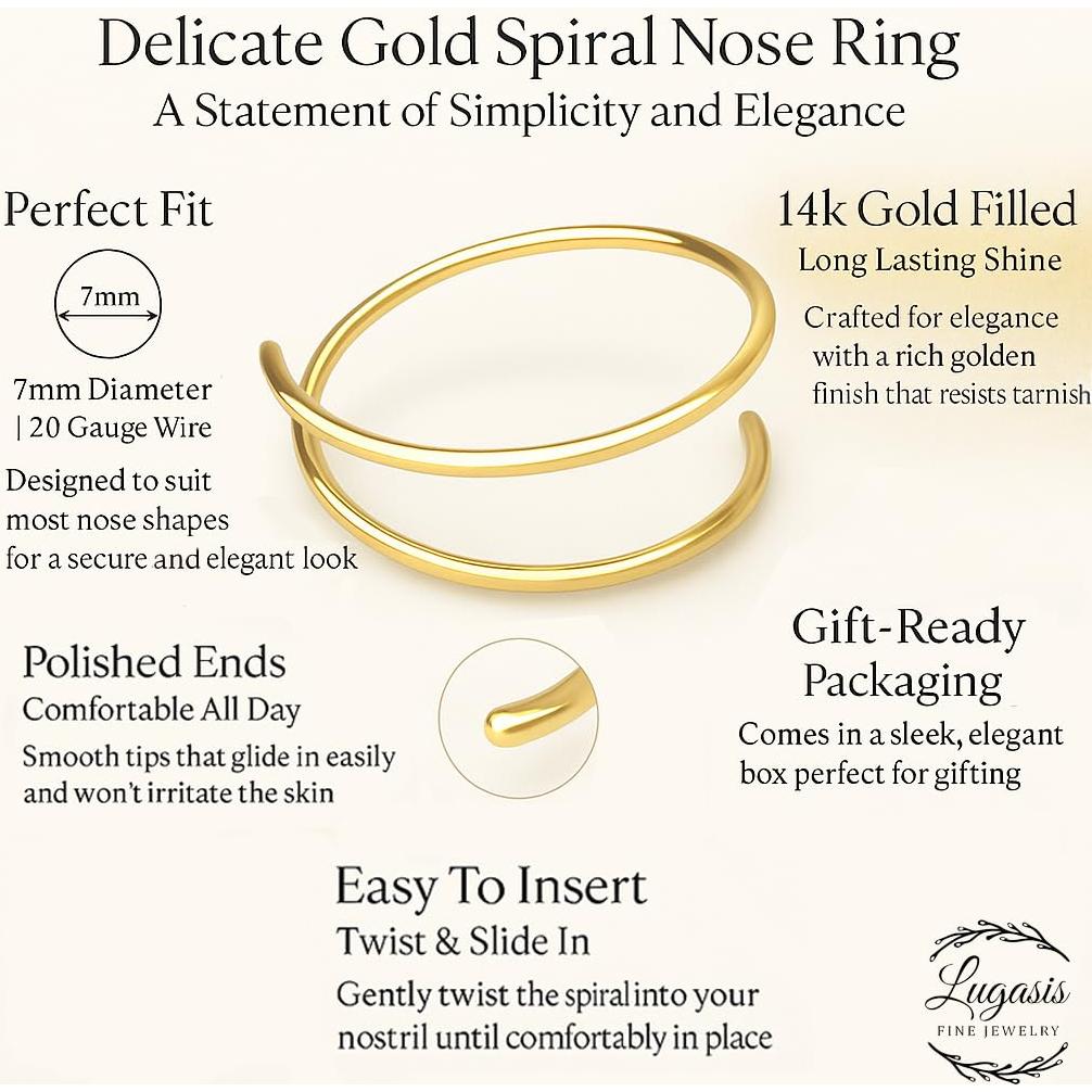 Aro de Nariz Espiral Dorado 14k Hipoalergénico 7mm