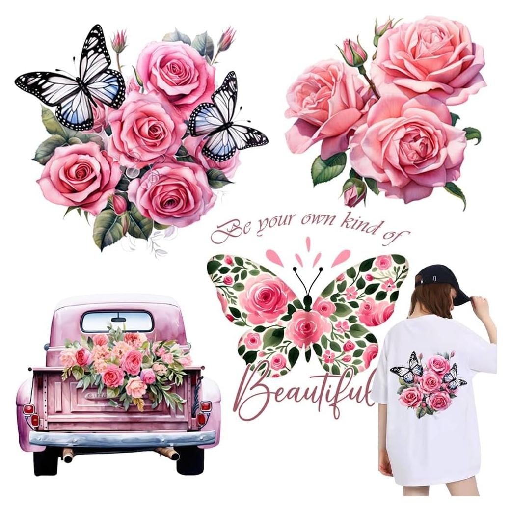 4 Parches de Hierro JATOMSSM Flor Mariposa Vinilo Transferencia