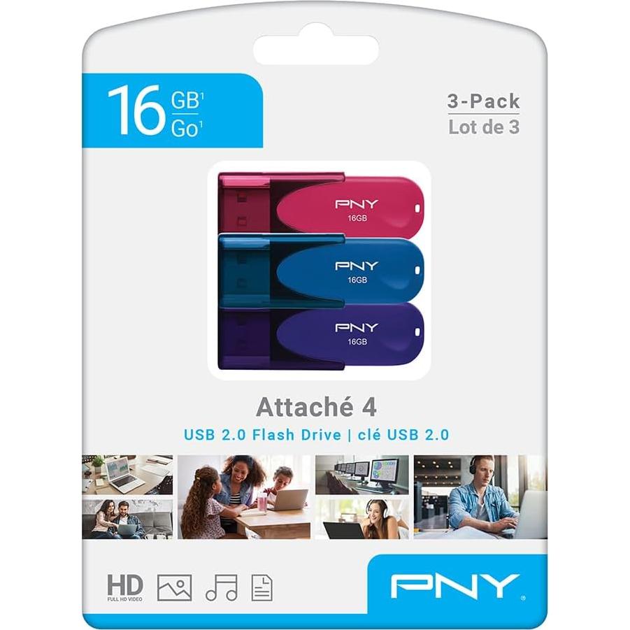 PNY 16GB Attaché 4 USB 2.0 Flash Drive 3-Pack Multicolor