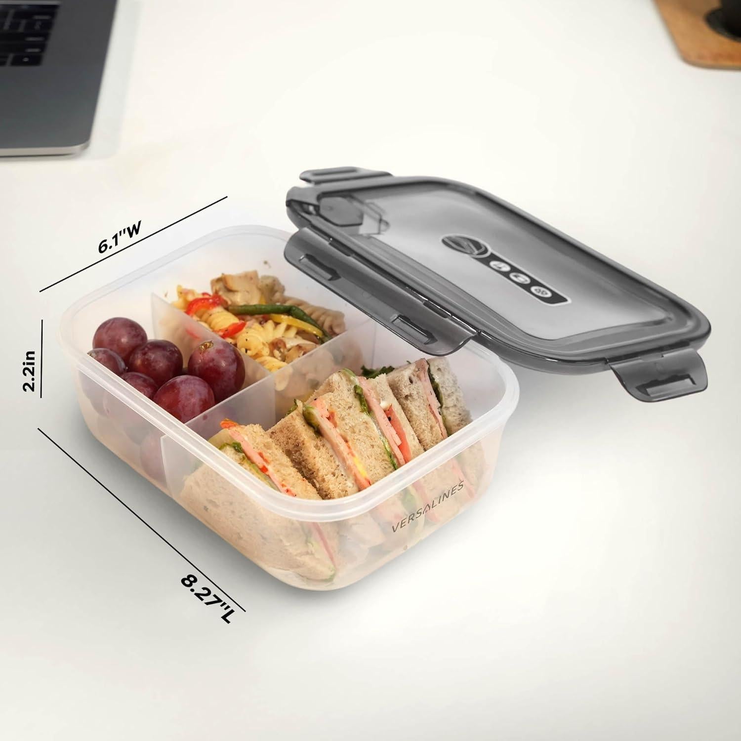 Caja Bento Almuerzo VERSALINES 3 Compartimentos 1300ml Gris-Transparente