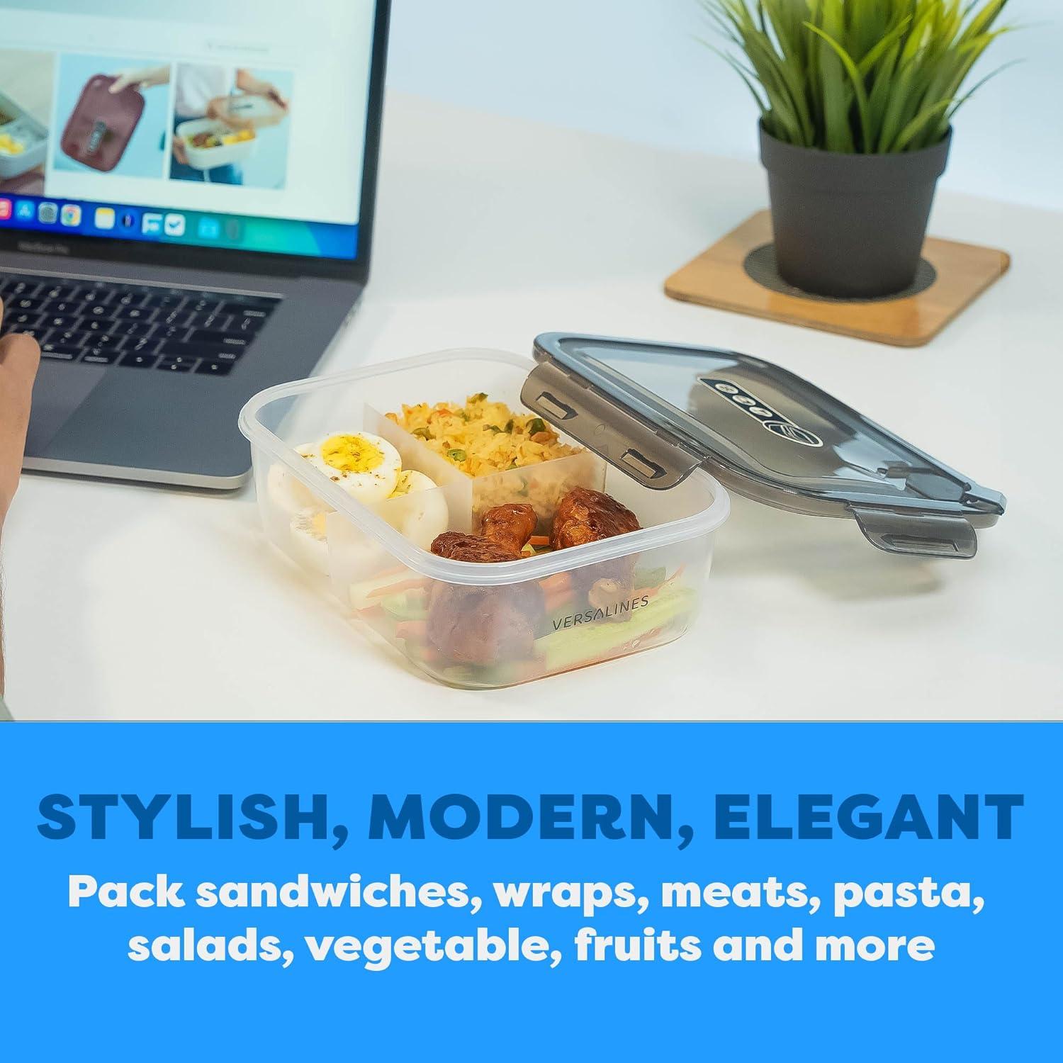 Caja Bento Almuerzo VERSALINES 3 Compartimentos 1300ml Gris-Transparente