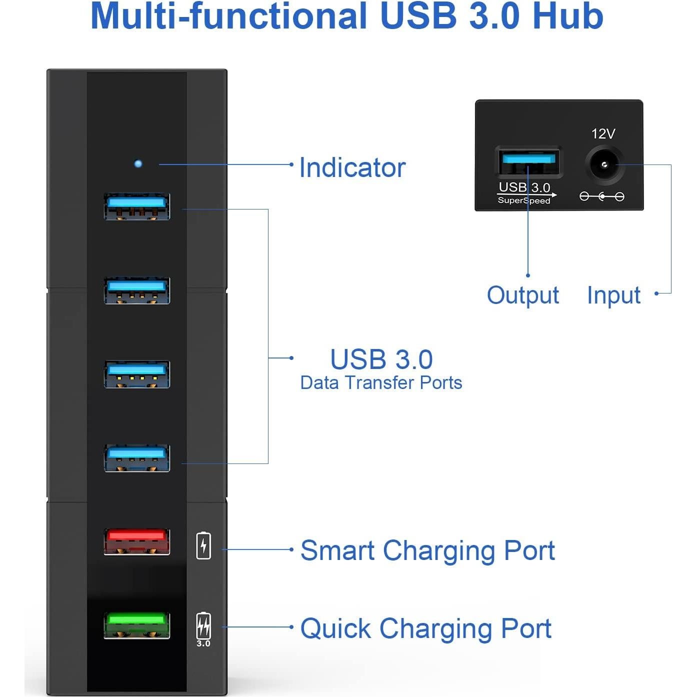 Hub USB 3.0 RAOYI 6 Puertos 24W Carga Rápida Negro