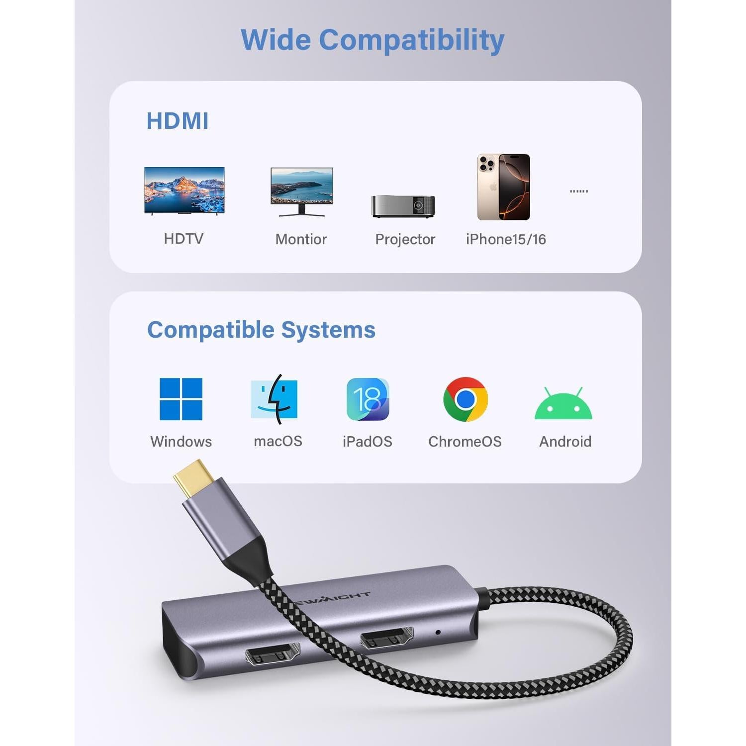 Adaptador USB C a Doble HDMI Newmight 4K 60Hz Gris