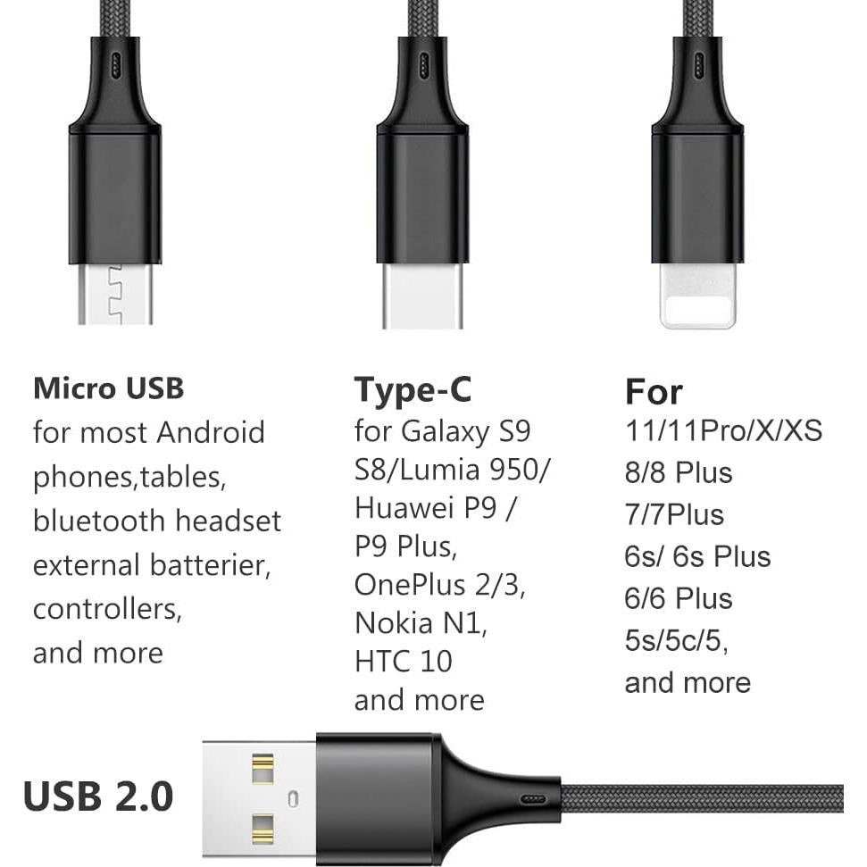 Cable de Carga Múltiple Puxnoin 2Pack 1.83m USB Tipo C Micro USB