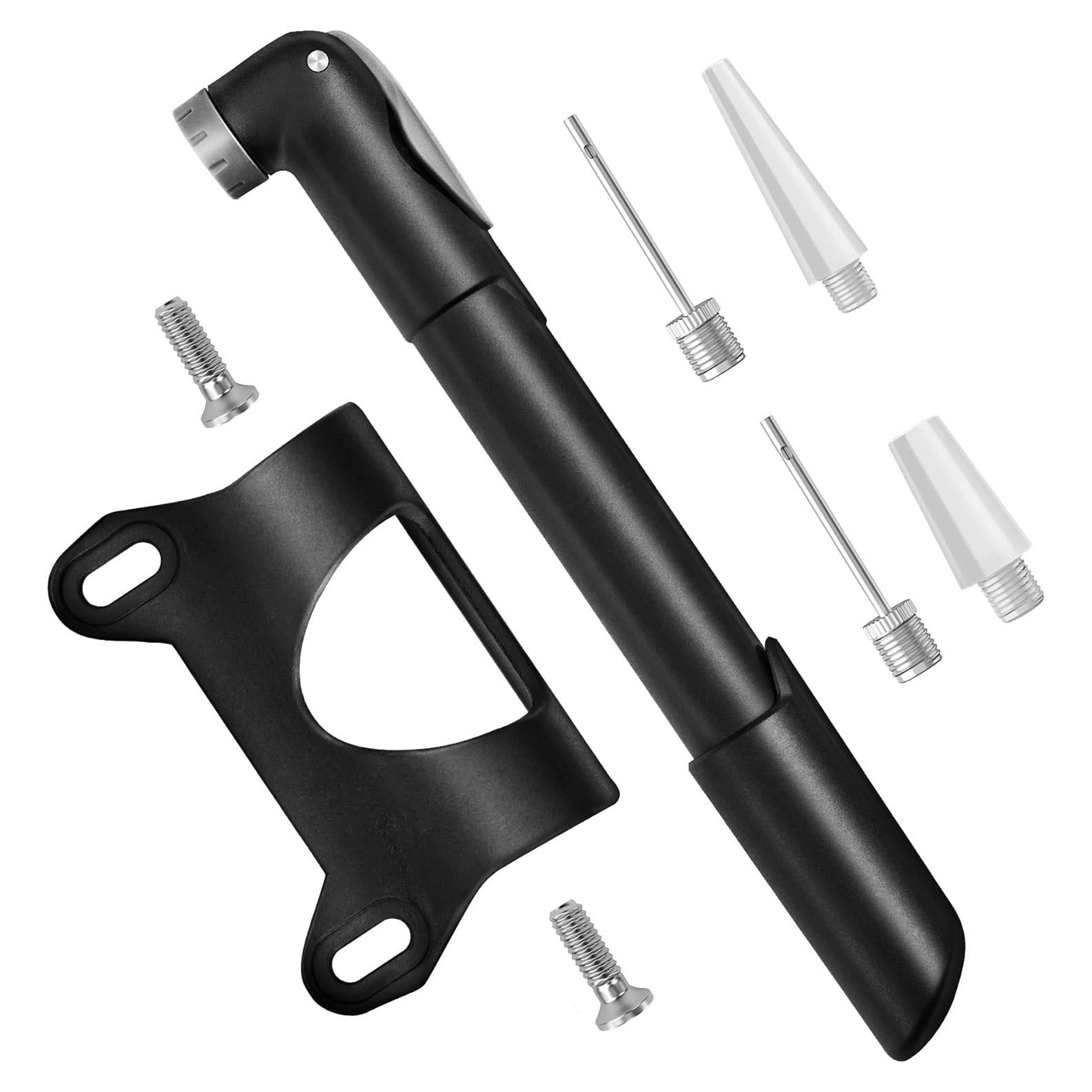 Mini Bike Pump with Mounting Bracket - Fits Presta & Schrader Valves, Portable Hand Pump for Road and Mountain Bicycles, Includes Football Pump Needles and Inflatable Accessories
