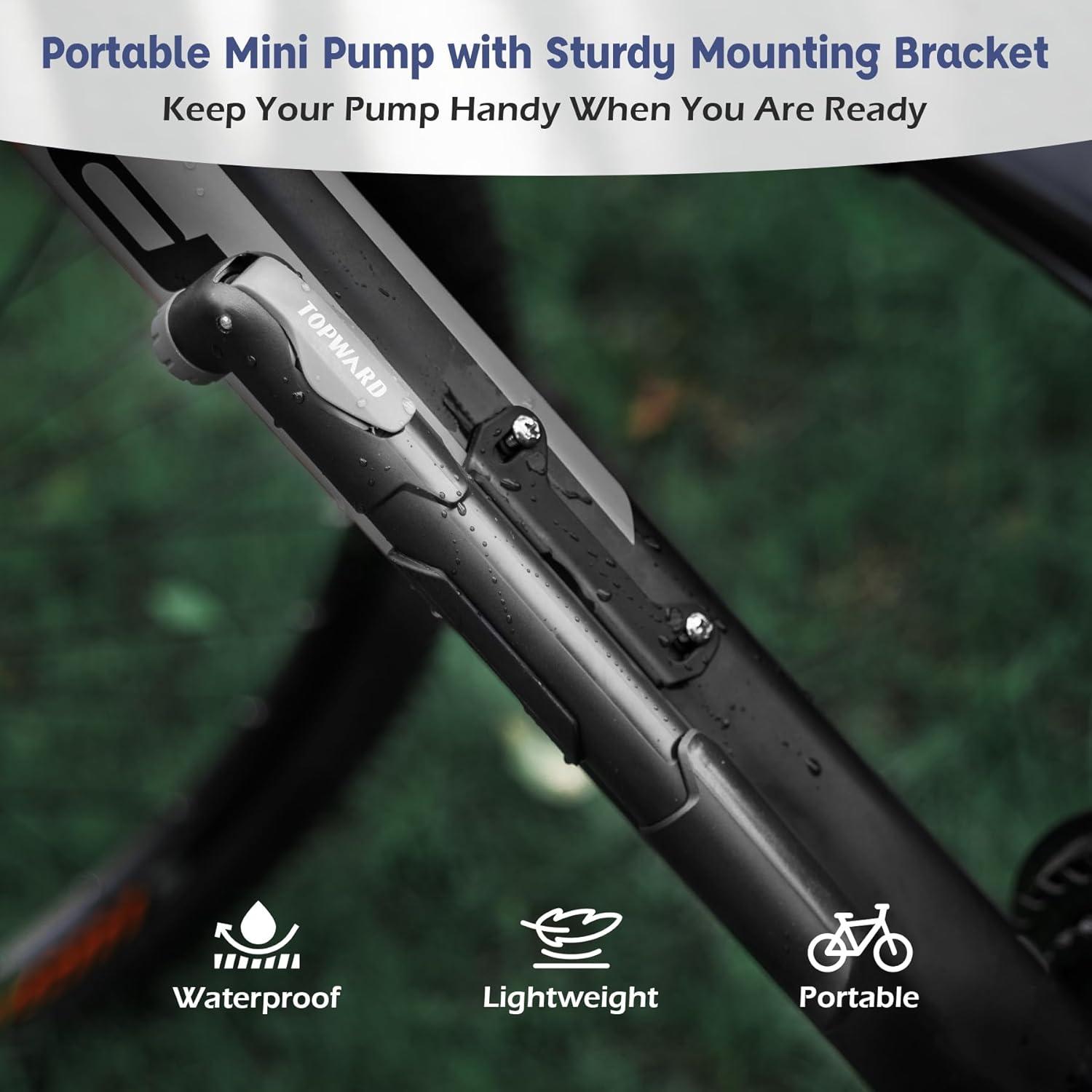 Mini Bike Pump with Mounting Bracket - Fits Presta & Schrader Valves, Portable Hand Pump for Road and Mountain Bicycles, Includes Football Pump Needles and Inflatable Accessories