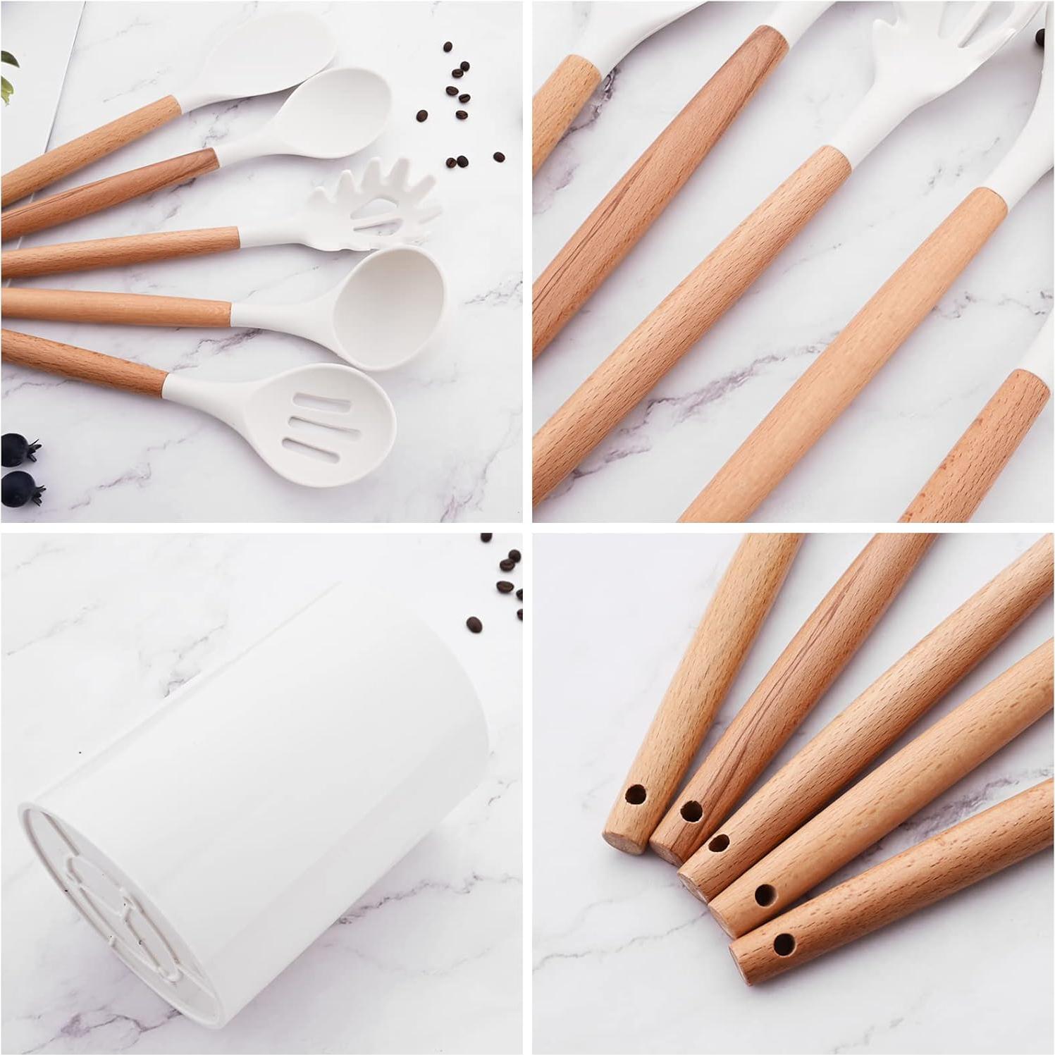 Cuchara Sólida de Silicona Blanca BRIIEC con Mango de Madera