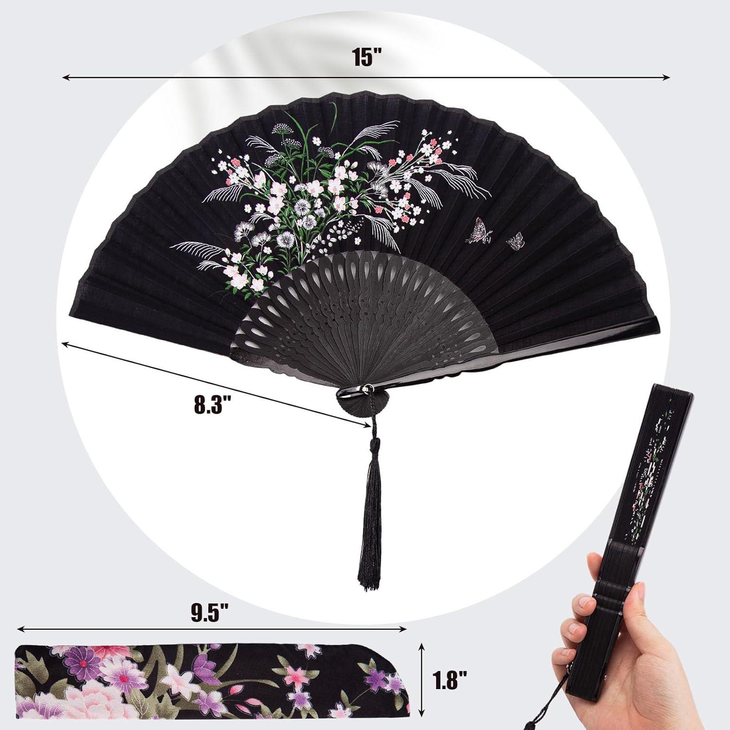 Abanico Plegable JOHAUSE 21 cm Lino Negro Floral con Funda