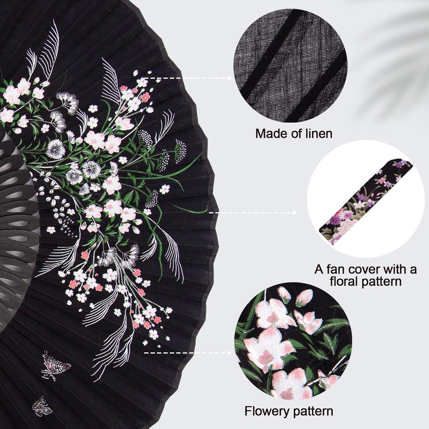 Abanico Plegable JOHAUSE 21 cm Lino Negro Floral con Funda