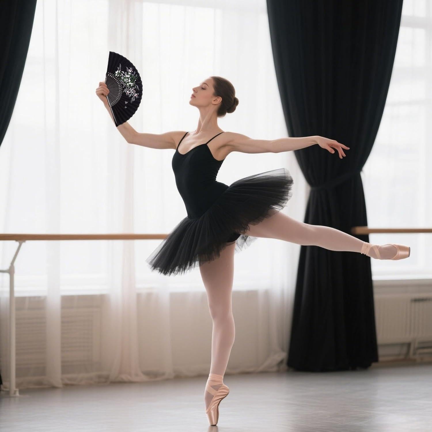 Abanico Plegable JOHAUSE 21 cm Lino Negro Floral con Funda