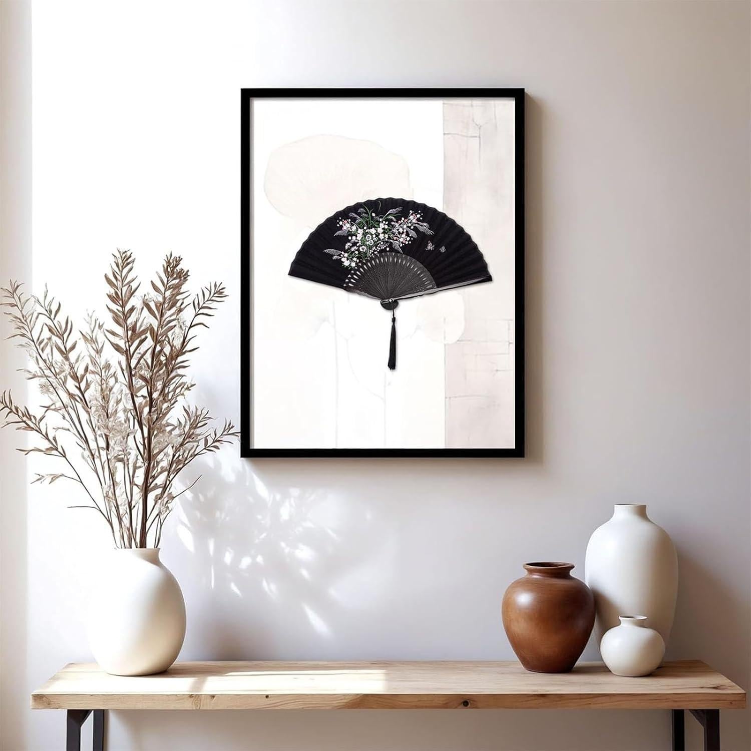 Abanico Plegable JOHAUSE 21 cm Lino Negro Floral con Funda