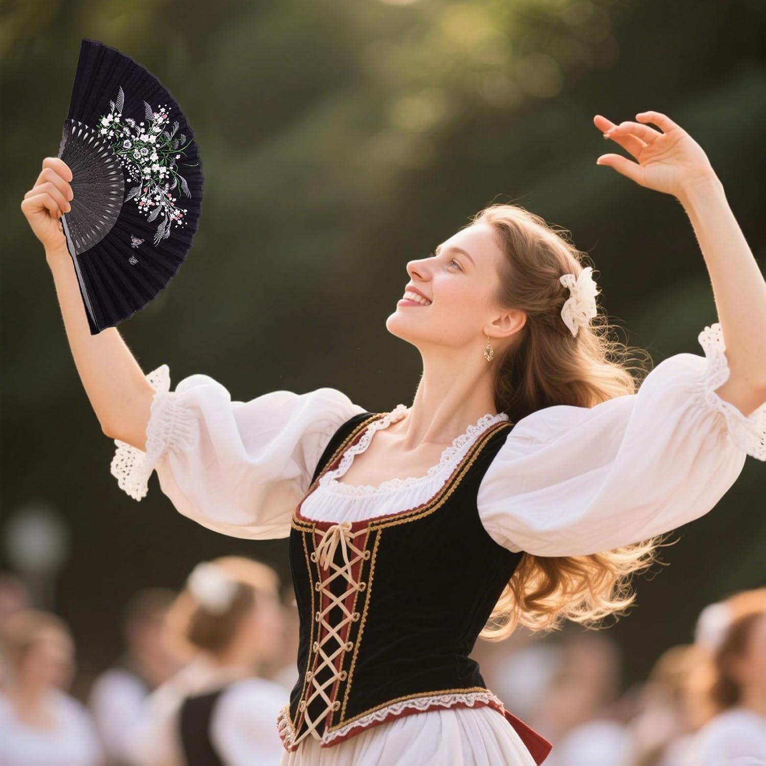 Abanico Plegable JOHAUSE 21 cm Lino Negro Floral con Funda