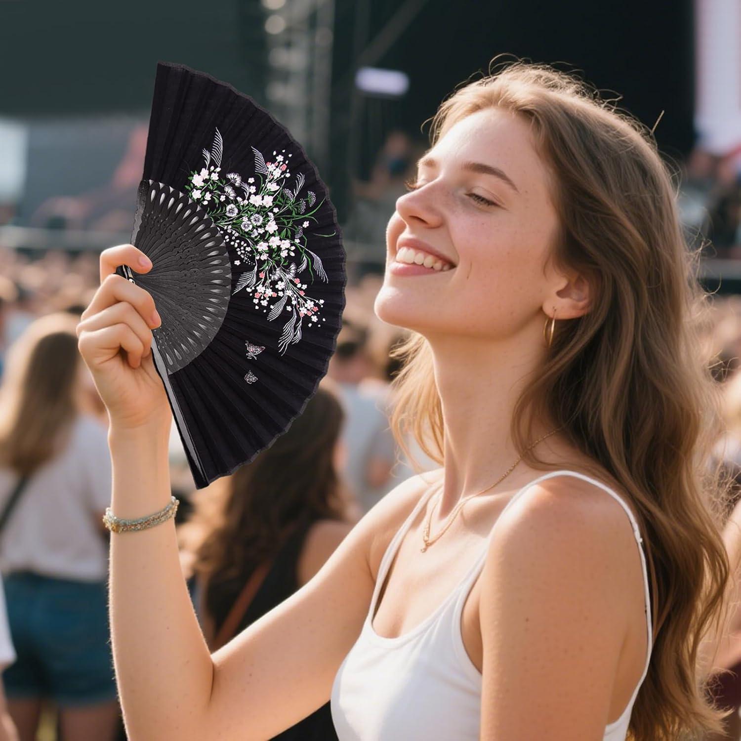 Abanico Plegable JOHAUSE 21 cm Lino Negro Floral con Funda