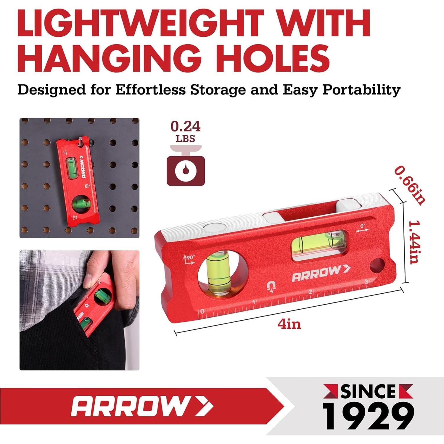 Nivel Torpedo Magnético Arrow 10.16 cm Aluminio Rojo